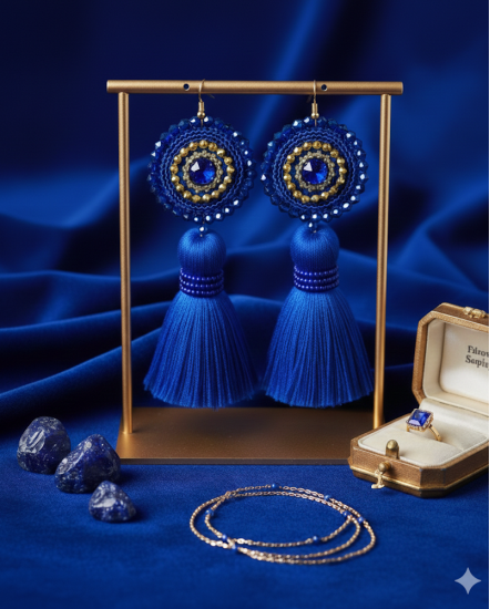 Háčkované  dizajnové náušnice "Kráľovský modrý zafír"